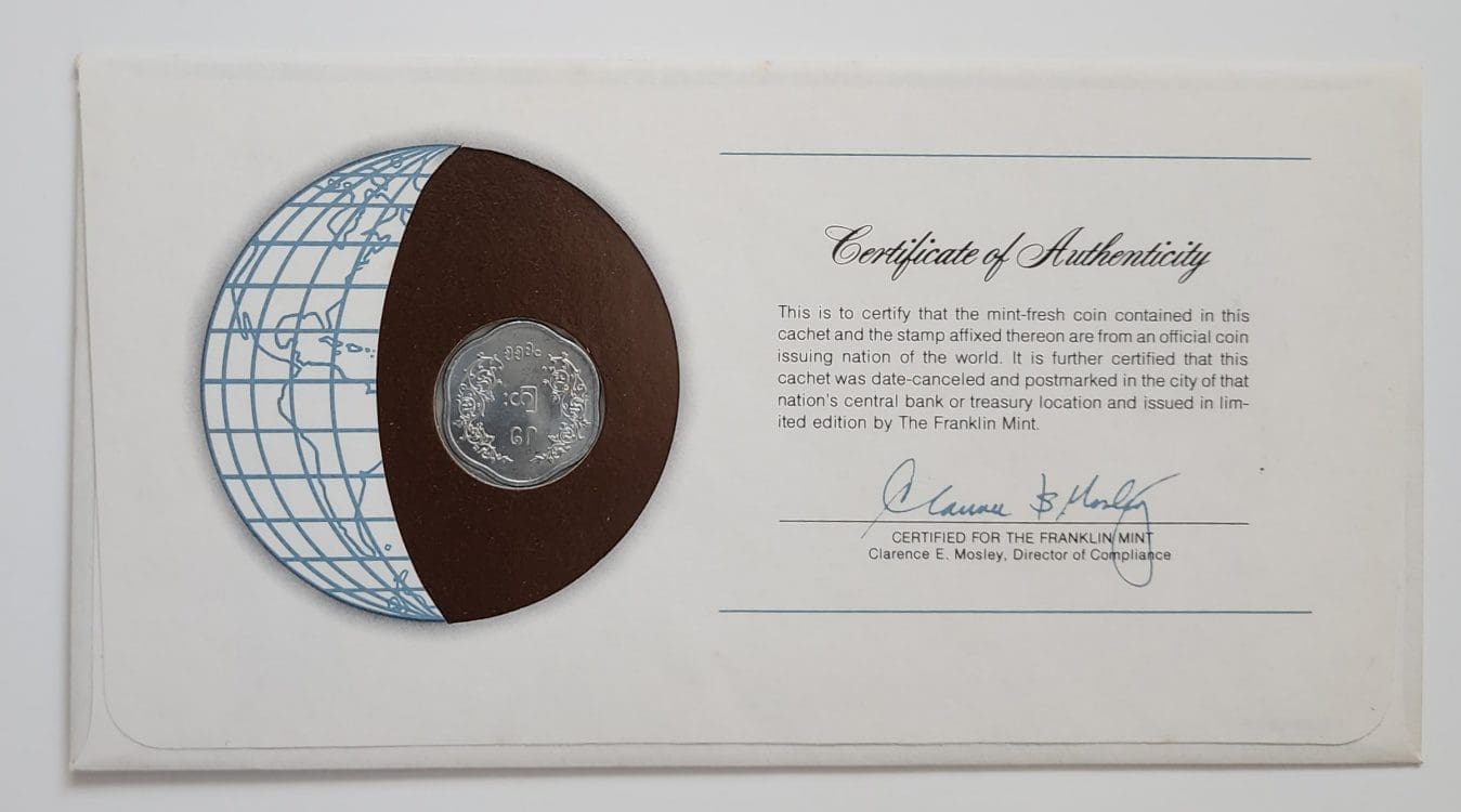 Burma Coin Stamped Envelope An Asian Country From Franklin Mint with C.O.A Back
