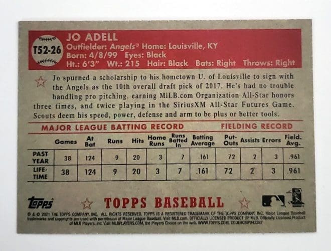 Jo Adell Topps 2021 MLB Trading Card #T52-26 California Angels Back