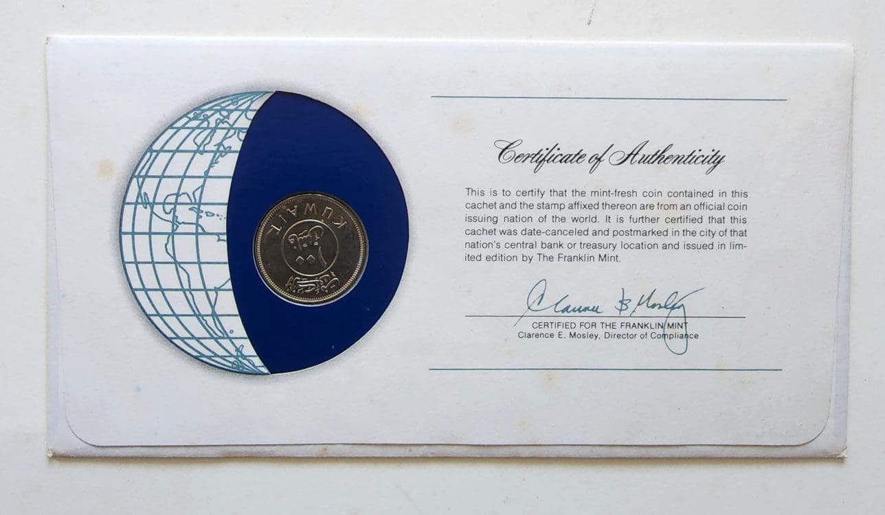 Kuwait Coin Stamped Envelope An Asian Country From Franklin Mint with C.O.A Back