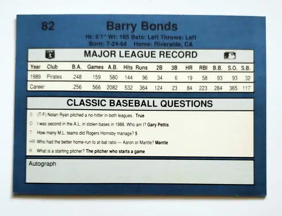 Barry Bonds Classic 1990 Card #82 Back