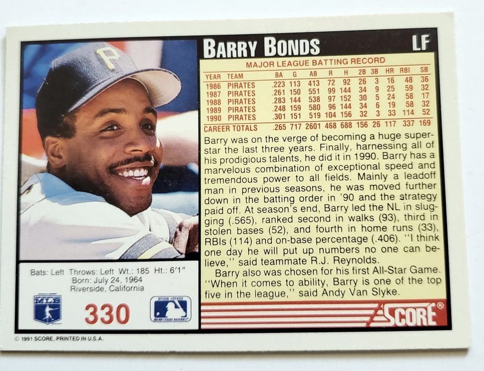Barry Bonds Score 1991 MLB Trading Card #330 Pittsburgh Pirates Back