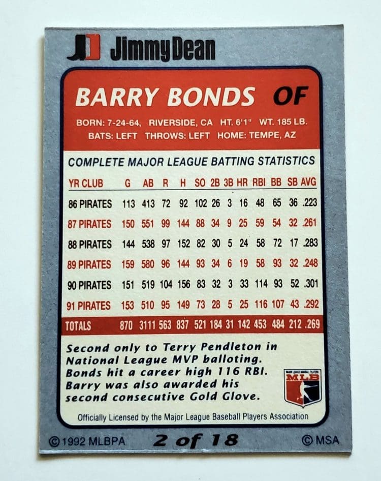 Barry Bonds Jimmy Dean 1992 MLB Trading Card #2 of 18 Pittsburgh Pirates Back