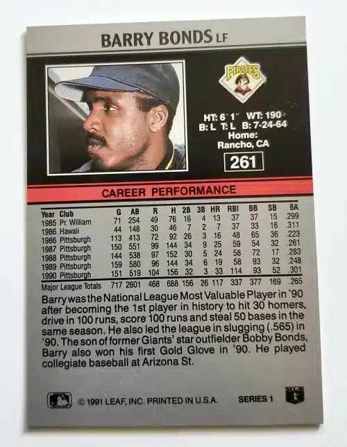 Barry Bonds Leaf 1991 Card #261 Back