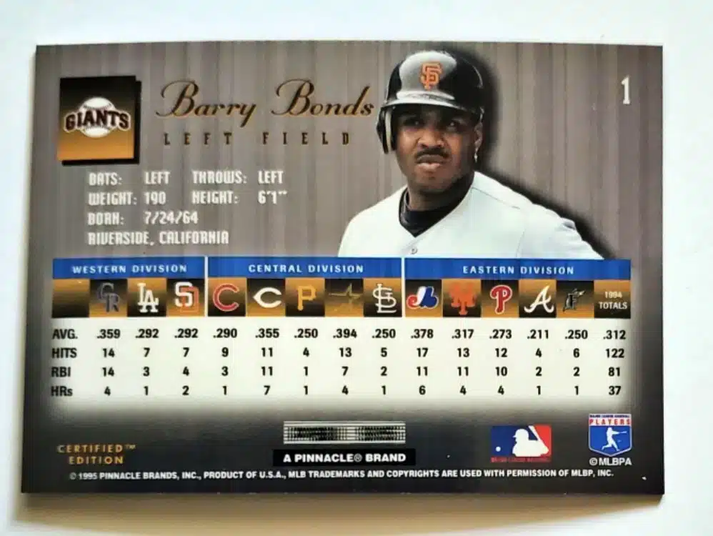 Barry Bonds Select 1995 Certified Edition MLB Trading Card #1 Back