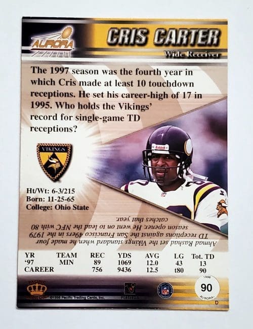 Cris Carter Aurora 1998 NFL Card #90 Minnesota Vikings back