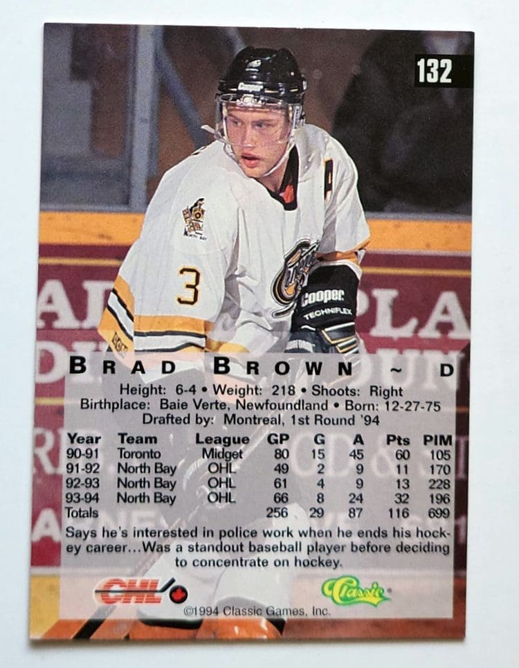 Brad Brown Classic 4 Sport 1994 NHL Card #1329 Montreal Canadiens Back