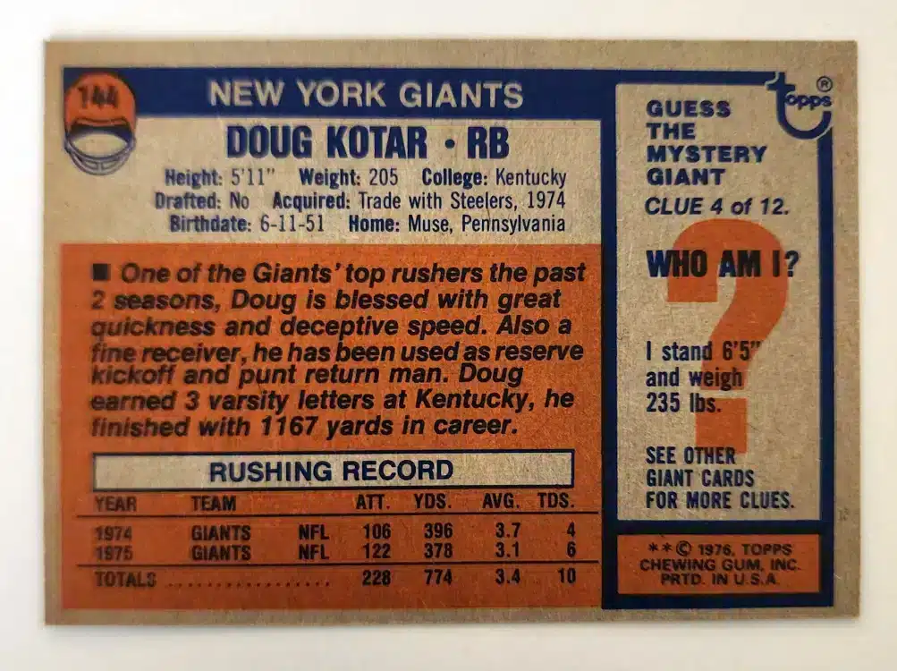 Doug Kotar Topps 1976 Card #144 Back