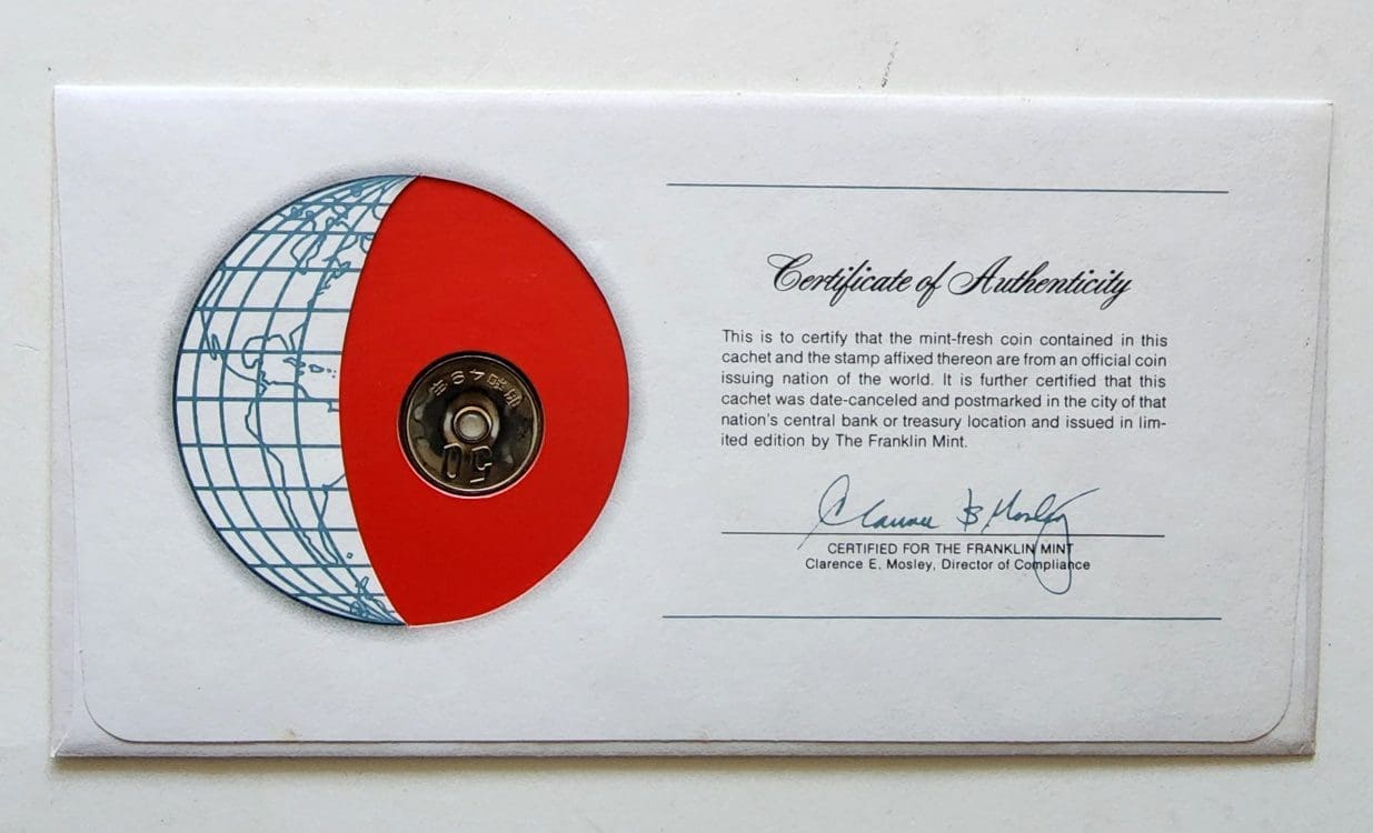 Japan Coin Stamped Envelope An Asian Country From Franklin Mint with C.O.A Back
