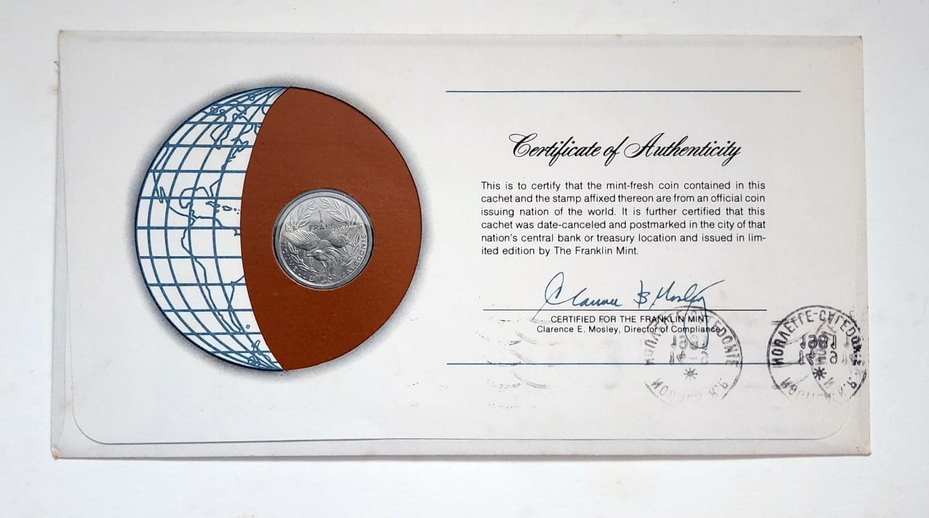 New Caledonia Mint Coin Stamped Envelope Oceania Country Franklin Mint back