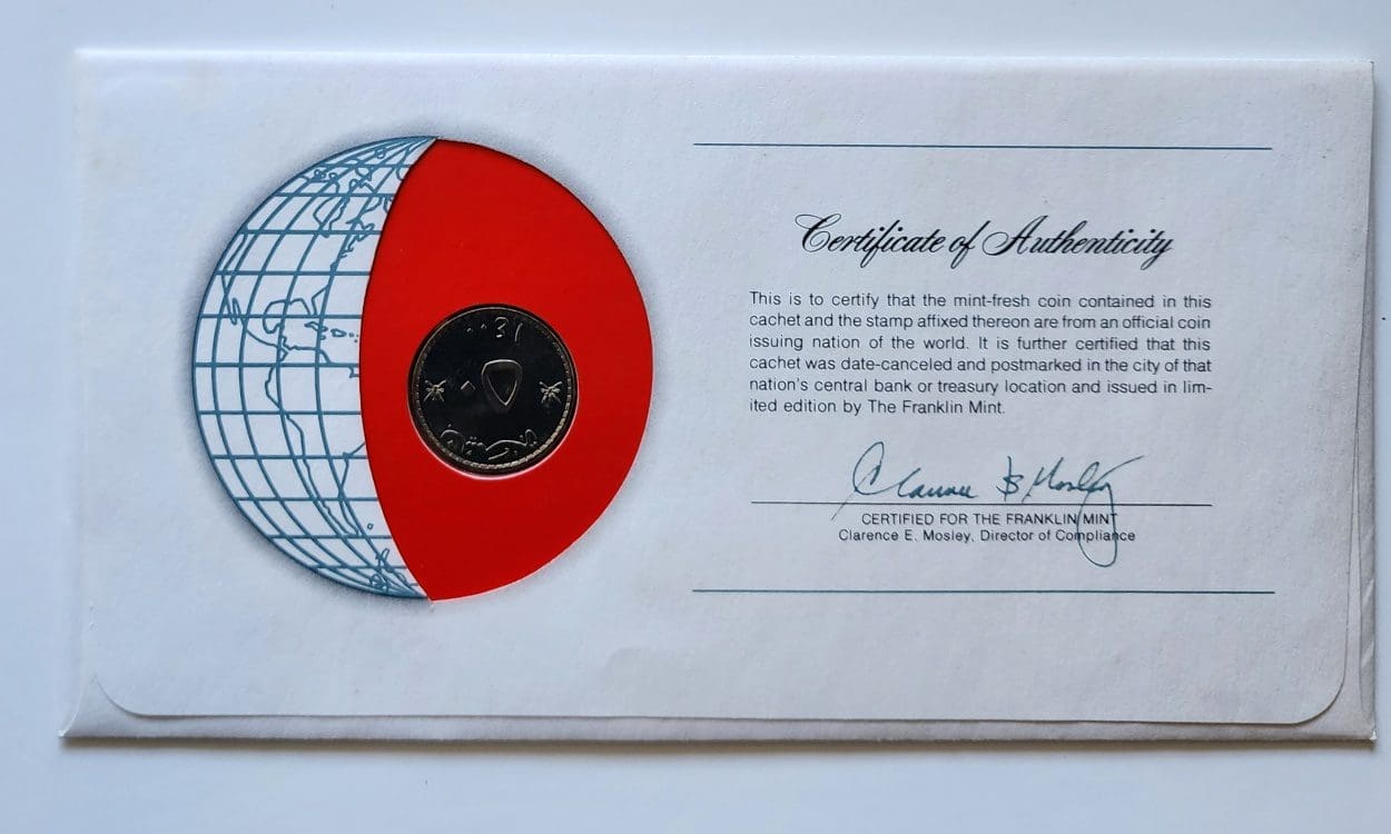 Oman Coin Stamped Envelope An Asian Country From Franklin Mint with C.O.A Back