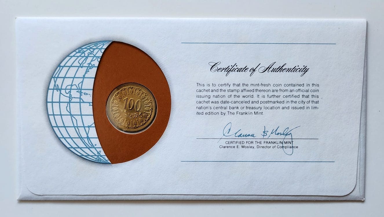 Tunisia Coin Stamped Envelope An Africa Country From Franklin Mint with C.O.A back