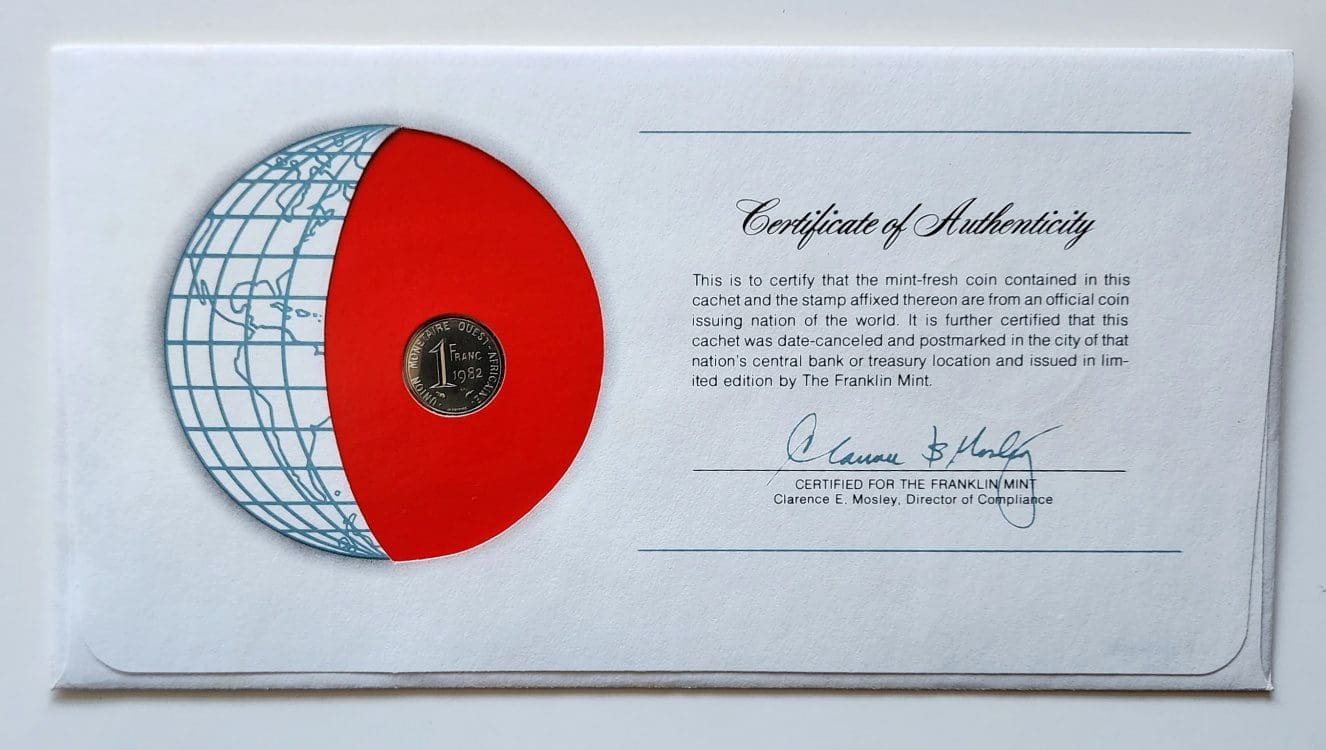 Upper Volta Coin Stamped Envelope Africa Country From Franklin Mint with C.O.A Back