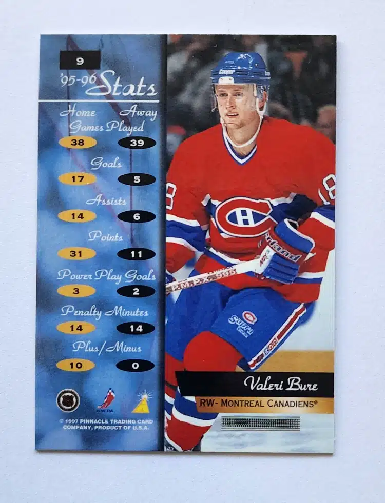 Valeri Bure Pinnacle 1996-97 Card #9 Back