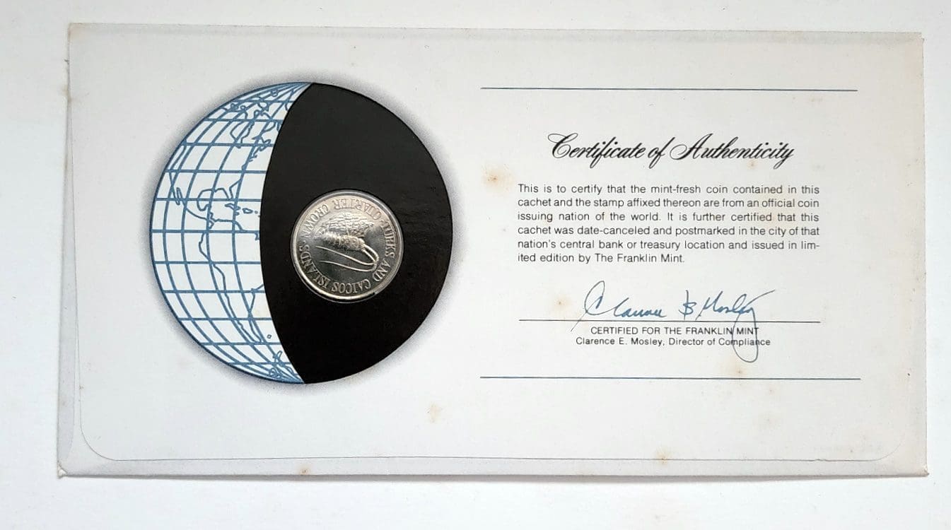 Turks and Caicos Islands Mint Coin Stamped Envelope Oceania Country Franklin Mint Back
