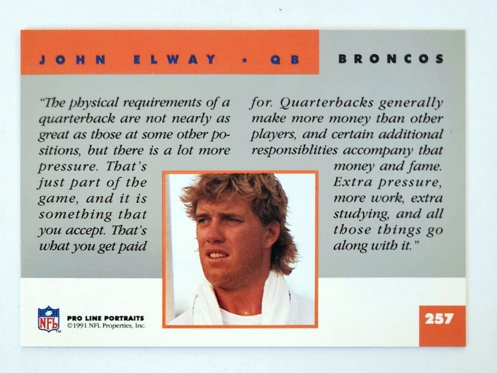 John Elway Proline 1991 NFL Sports Trading Card #257 Denver Broncos back