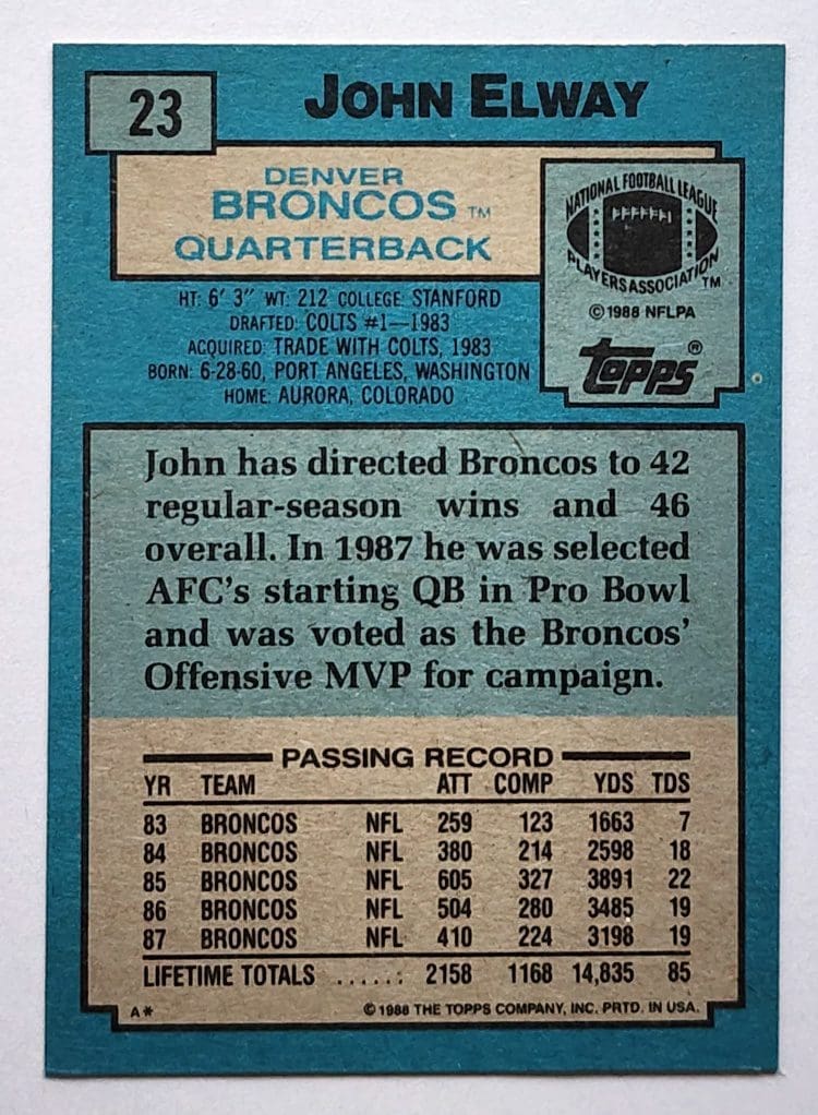 John Elway Topps 1988 NFL Card #23 Denver Broncos Back