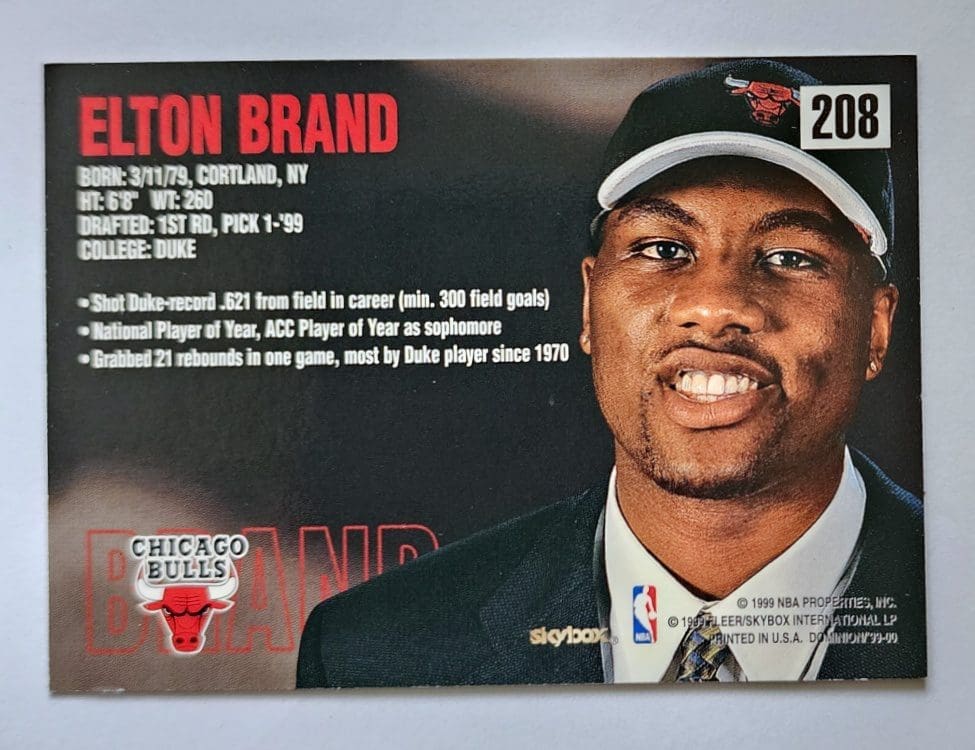 Elton Brand Skybox Dominion 1999 NBA Card #208 Chicago Bulls Back