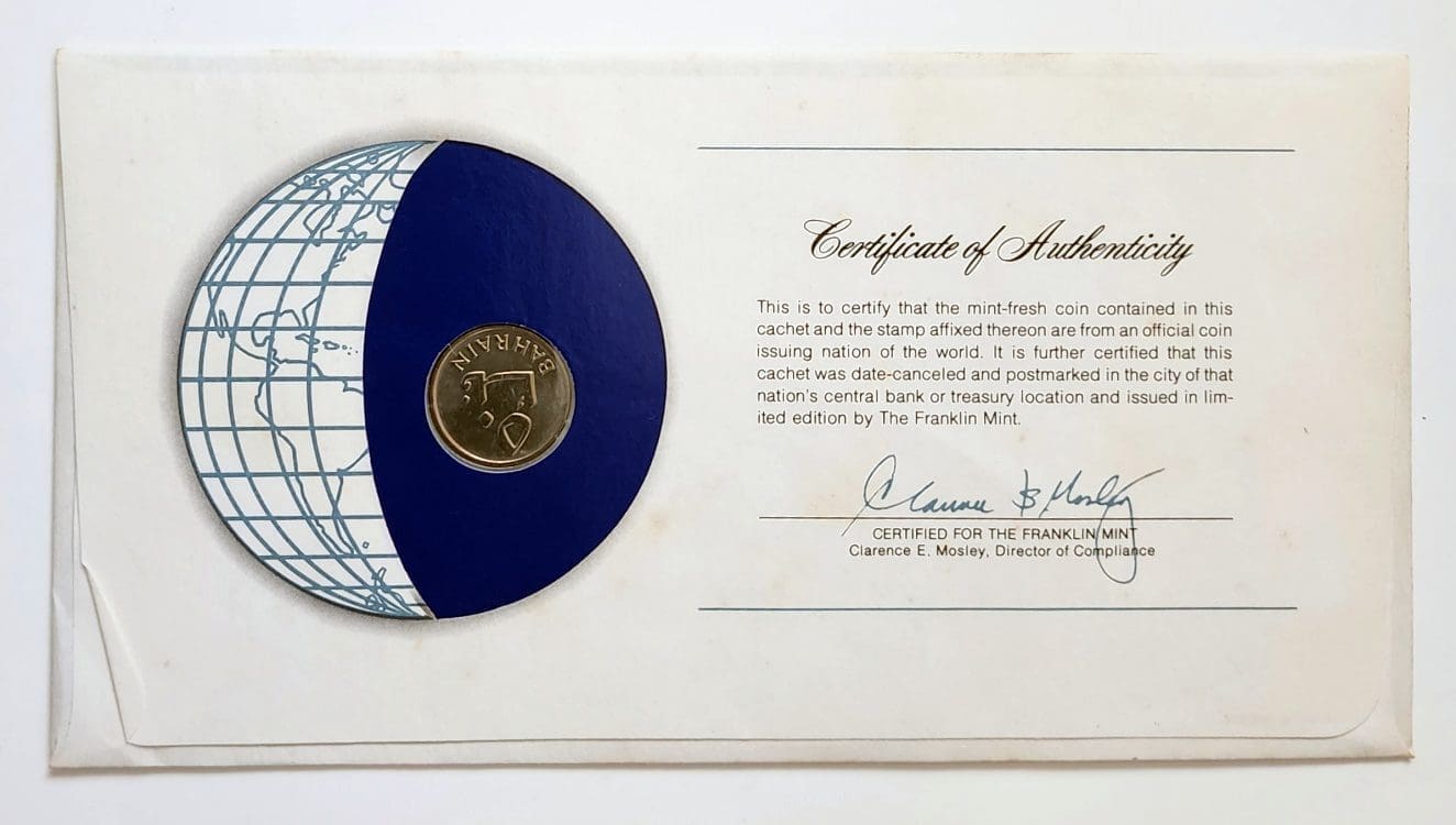 Bahrain Coin Stamped Envelope An Asian Country From Franklin Mint with C.O.A back