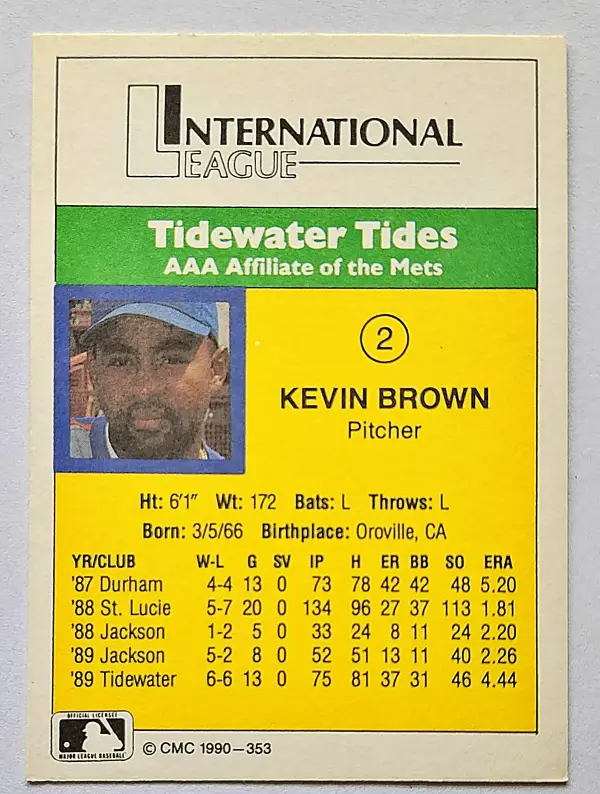 Kevin Brown Minor League CMC 1990 #2 Back