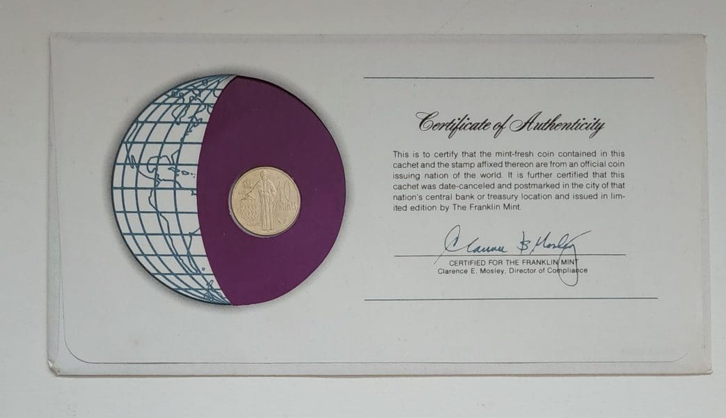 Monaco Coin Stamped Envelope from Franklin Mint with C.O.A Back