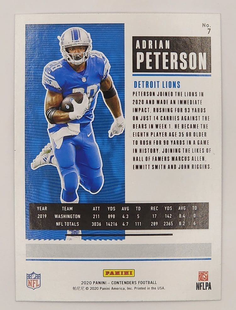 Adrian Peterson Panini Contender 2020 NFL Card #7 Detroit Lions Back