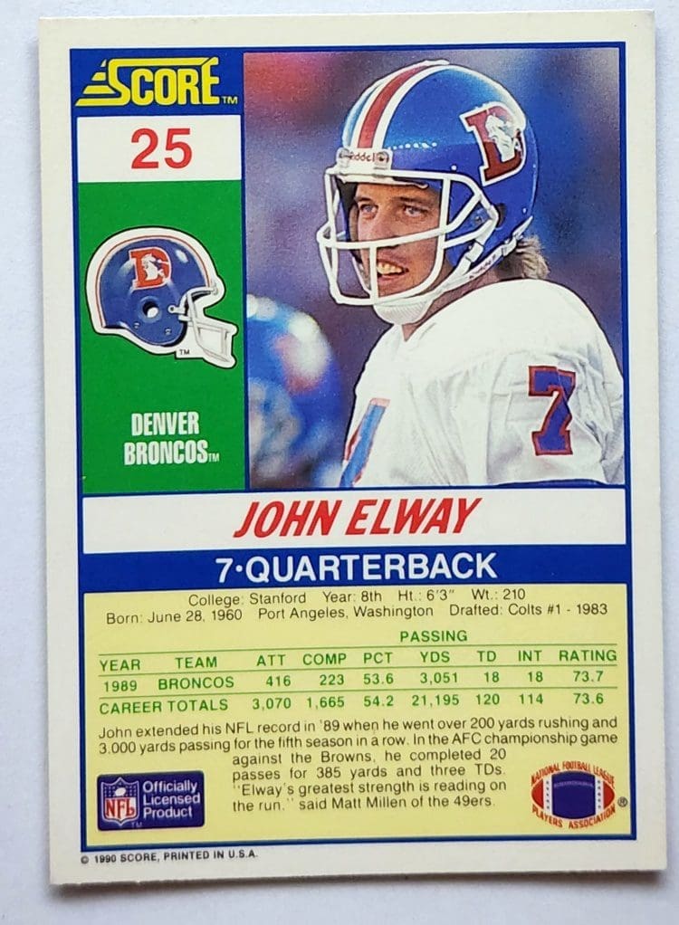John Elway Score 1990 NFL Card #25 Denver Broncos Back