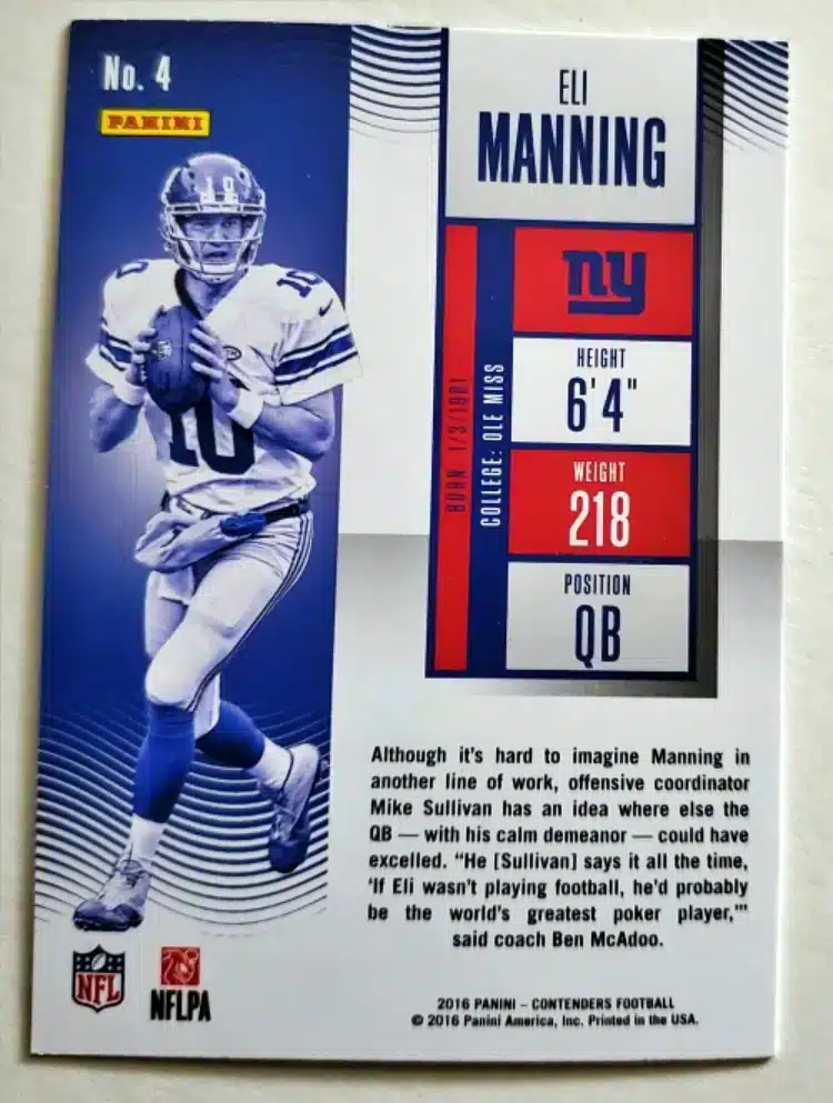 Eli Manning Panini 2016 Card #4 Back