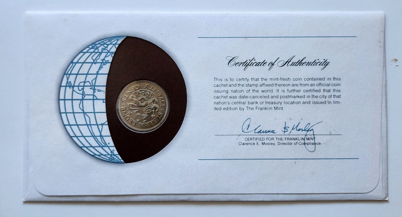 Sierra Leone Coin Stamped Envelope an Africa Country from Franklin Mint with C.O.A back