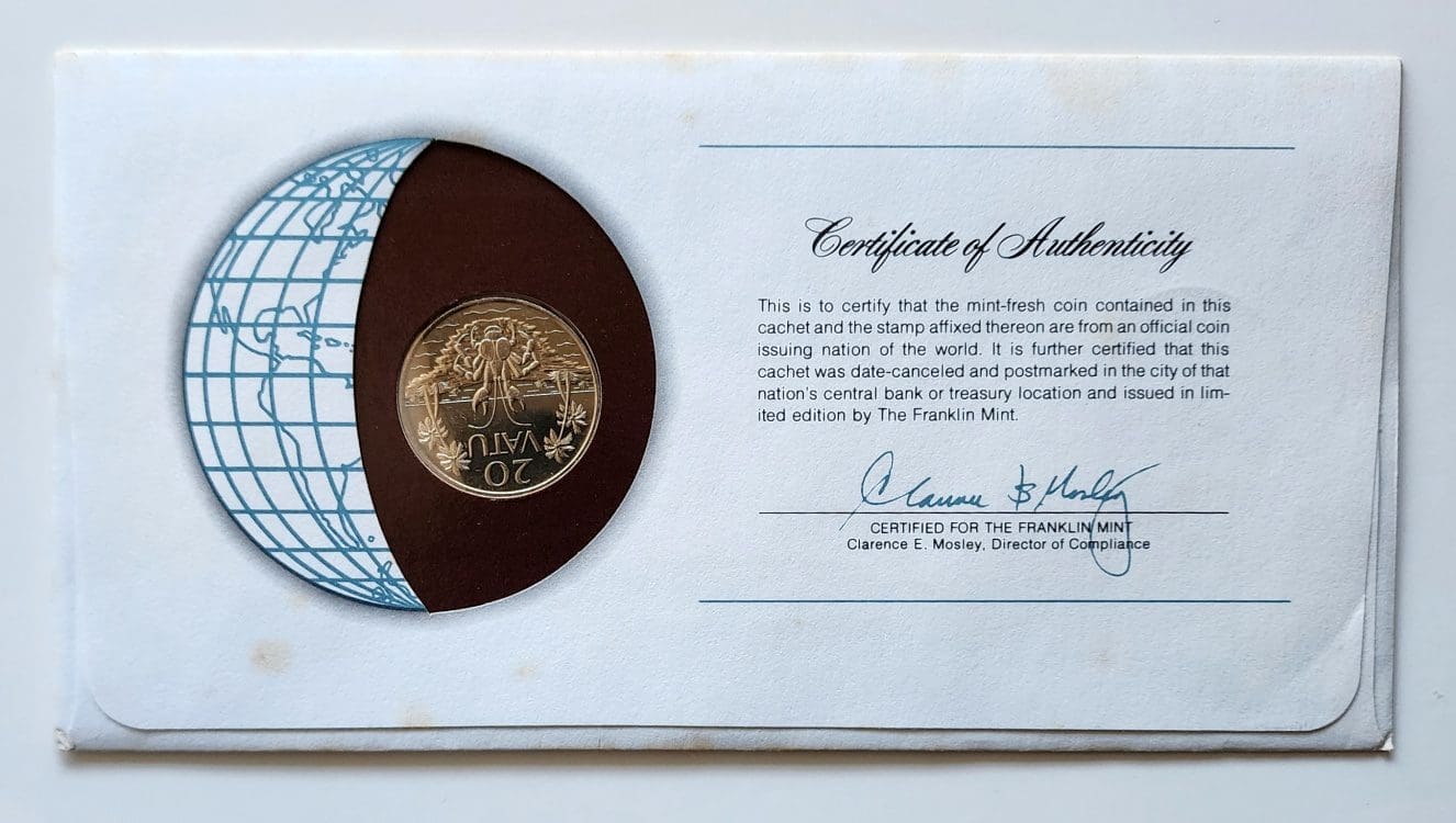 Vanuatu Mint Coin Stamped Envelope Oceania Country Franklin Mint Back