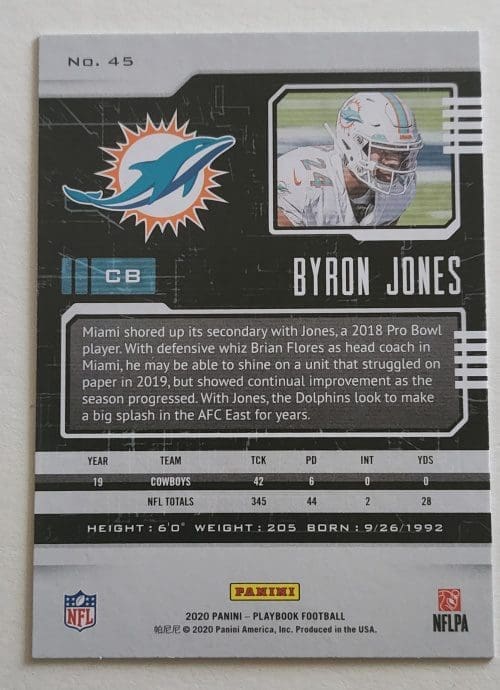 Byron Jones Panini Playbook 2020 NFL Trading Card #45 Miami Dolphins Back