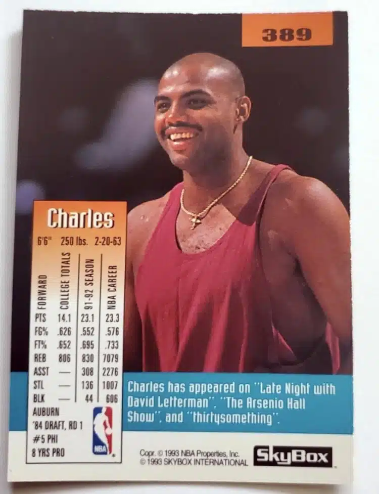 Charles Barkley Skybox 1992-93 Card #389 Back