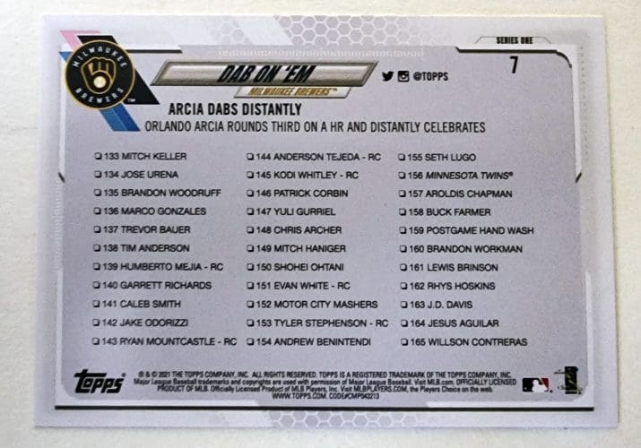 Dab On 'Em Topps 2021 MLB Card #7 Milwaukee Brewers Back