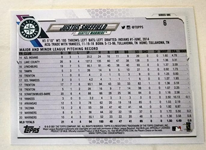 Justus Sheffield Topps 2021 MLB Card #6 Seattle Mariners Back
