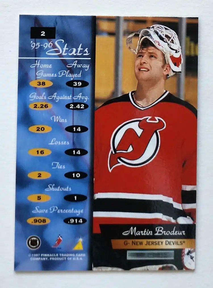 Martin Brodeur Pinnacle 1997 Card# 12 Back