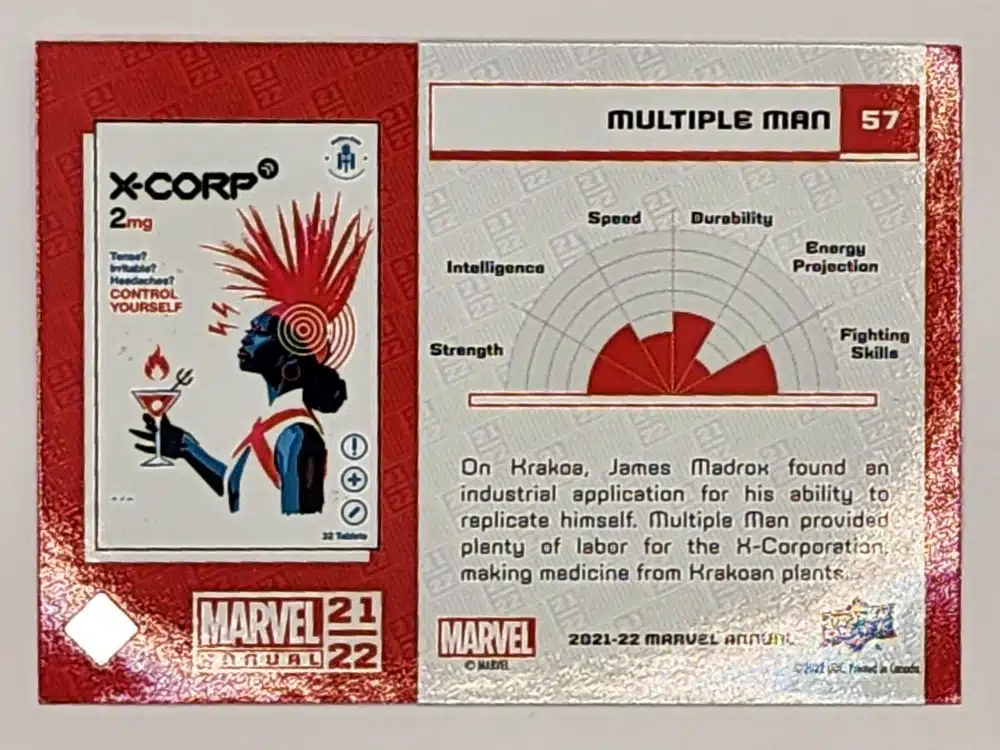multiple-man-marvel-comic-card-upper-deck-2021-blue-foil-card-57-back Multiple Man Blue Upper Deck 2021 Marvel Comic Card #57 back