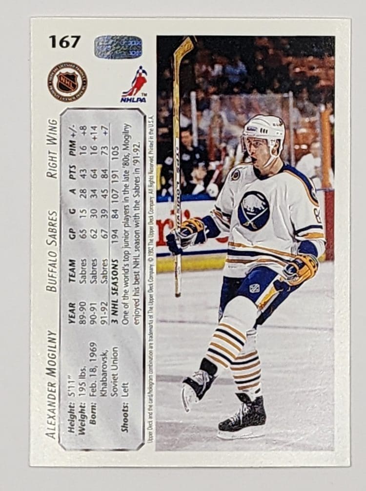 Alexander Mogilny Upper Deck 1992 Card #167 Buffalo Sabres Back