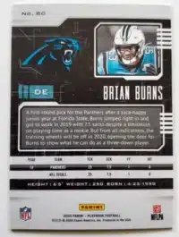 Brian Burns Panini Playbook 2020 Card #80 Back