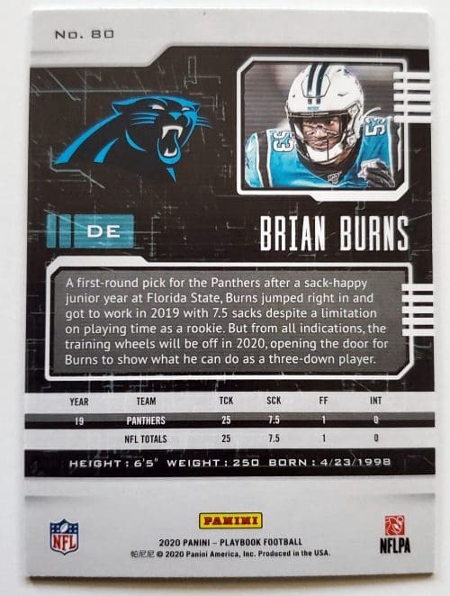 Brian Burns Panini Playbook 2020 NFL Card #80 Carolina Panthers Back