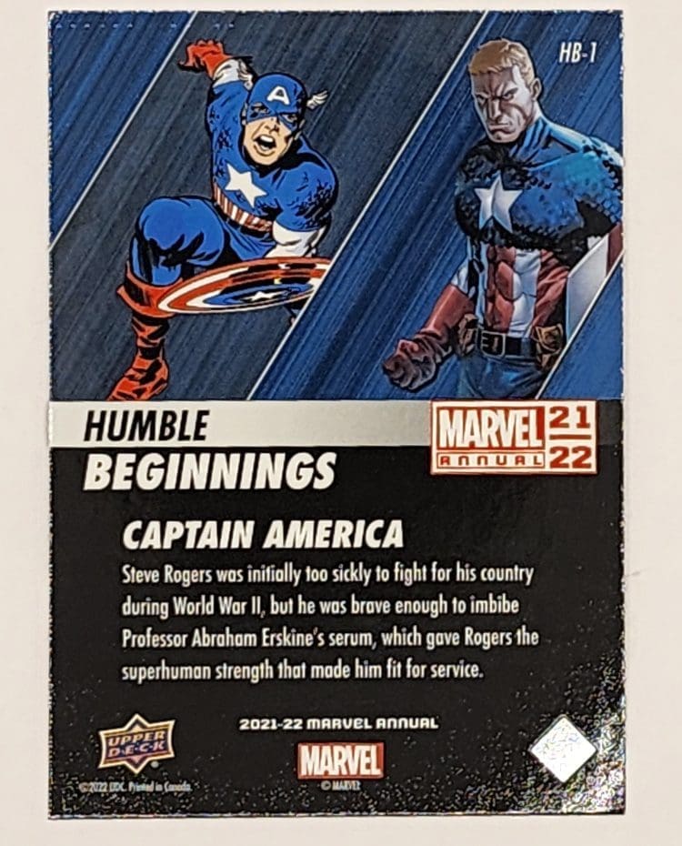 Captain America "Humble Beginnings" Upper Deck 2021 Marvel Comic Card HB-1 Back