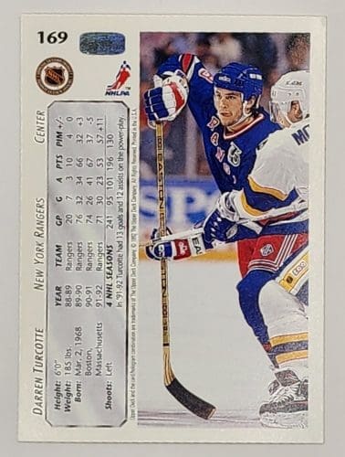 Darren Turcotte Upper Deck 1992 Card #169 New York Rangers Back