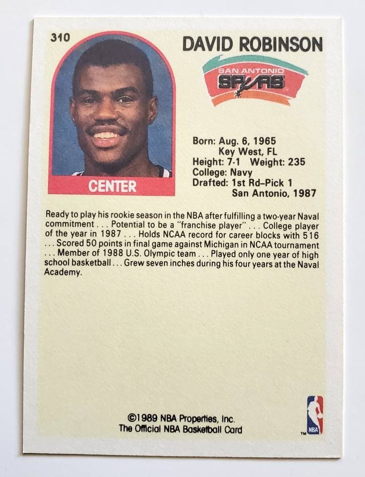 David Robinson Hoops 1989 NBA Trading Card #310 San Antonio Spurs Back