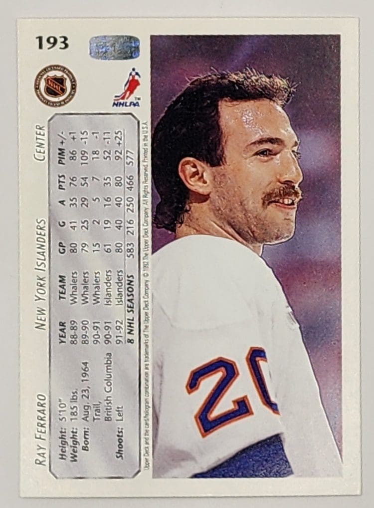 Ray Ferraro Upper Deck 1992 Card #193 New York Islanders Back