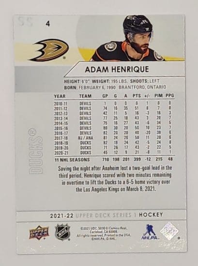 Adam Henrique Upper Deck 2021 NHL Card #4 Anaheim Ducks Back