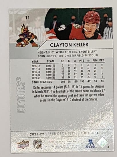 Clayton Keller Upper Deck 2021 NHL Card #11 Arizona Coyotes Back