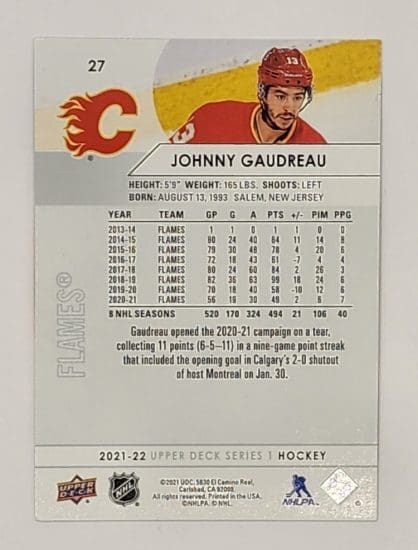 Johnny Gaudreau Upper Deck 2021 NHL Card #27 Back