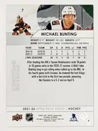 Michael Bunting Upper Deck 2021 Card # 7 Back