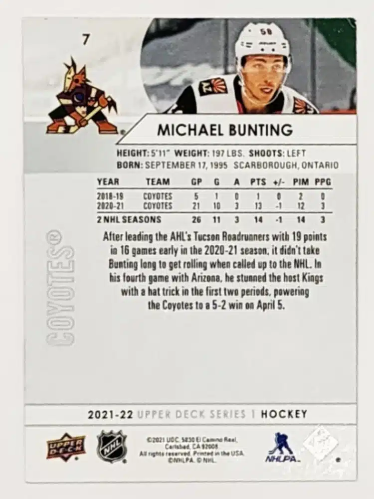 Michael Bunting Upper Deck 2021 Card # 7 Back