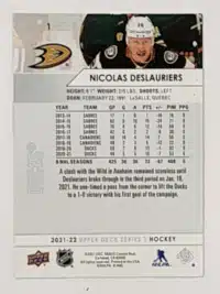 Nicolas Deslauriers Upper Deck 2021-22 Card # 1 Back