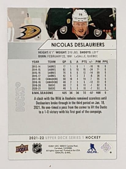 Nicolas Deslauriers Upper Deck 2021 NHL Card #1 Anaheim Ducks Back