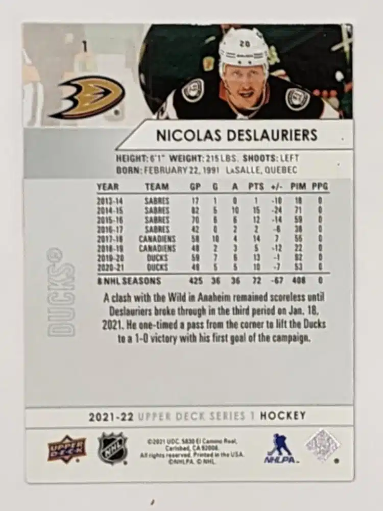 Nicolas Deslauriers Upper Deck 2021-22 Card # 1 Back